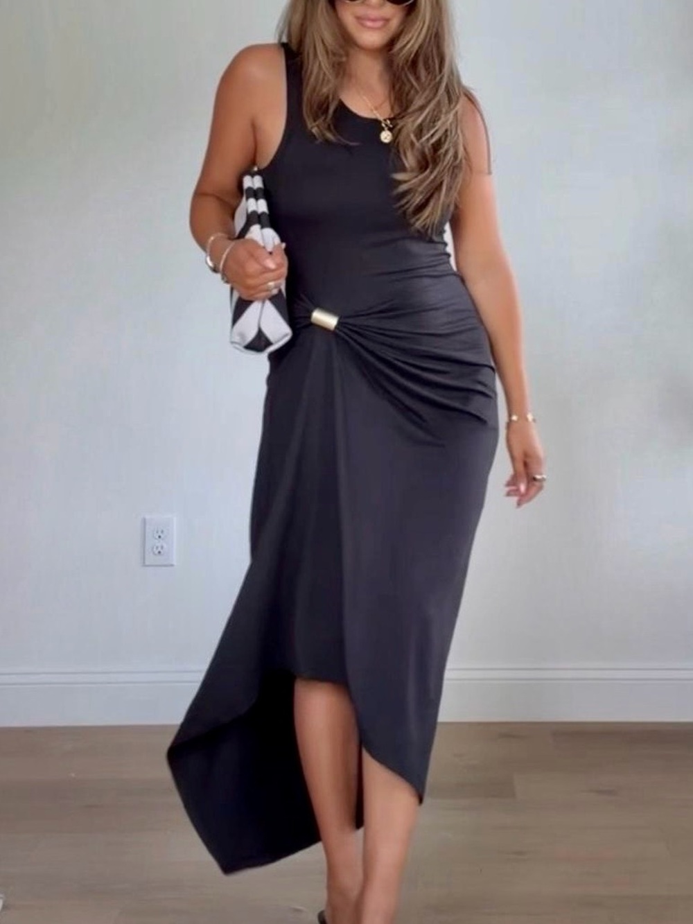 Sleeveless Black Asymmetric Knot-Detail Maxi Dress gold brooch detail